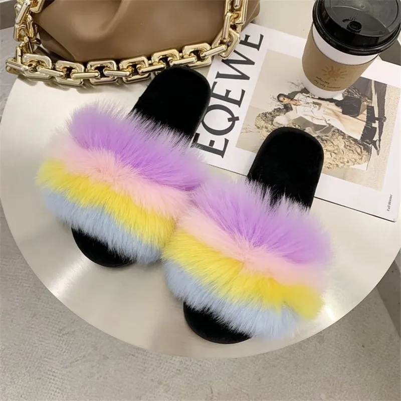 

New Winter Women Home Slippers Faux Fur Memory Foam Flat Warm Soft PlushFemale Comfort Ladies Hairy Leak Toe Rainbow Colors