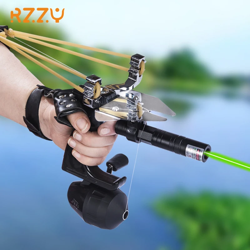 Hunting Fishing Set Slingshot Green Laser Sight Catapult with Fish Reels and Darts Protective Gloves Outdoor Shooting Accessorie