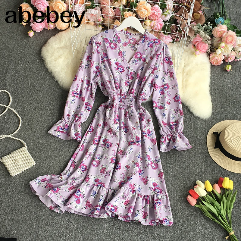 2021 New Spring Autumn French V-Neck long sleeve Dress Ruffles patchwork high waist pleated print mid-length A-line Dress