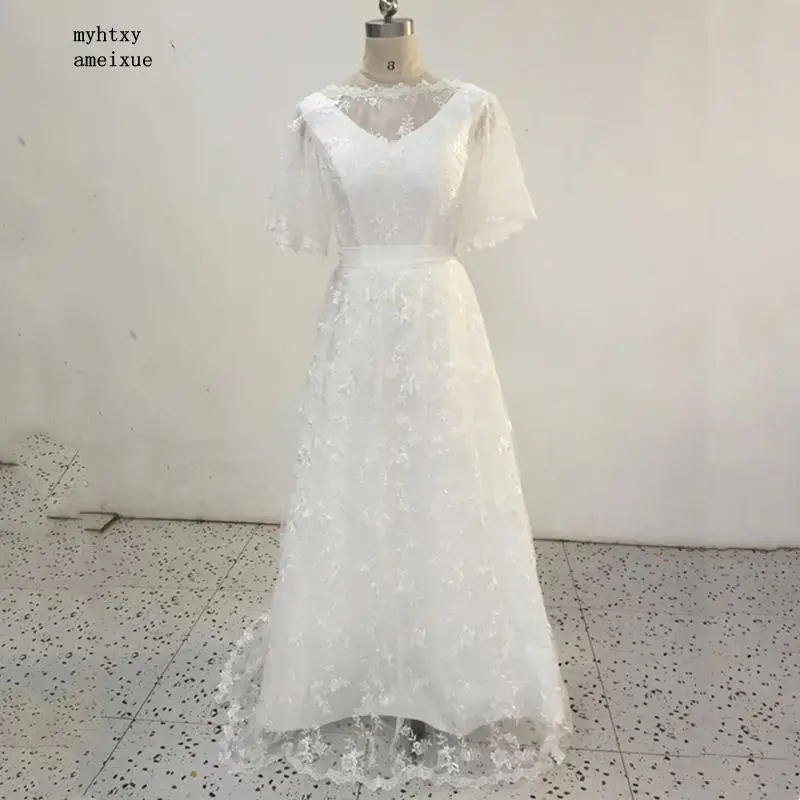 

Женское кружевное платье с вырезом лодочкой, классическое роскошное ТРАПЕЦИЕВИДНОЕ ПЛАТЬЕ до пола со шлейфом и пуговицами, свадебное платье в стиле бохо, 2020