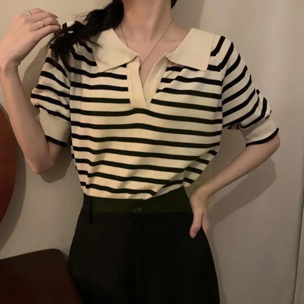 

T-shirts Women Tees Striped Vintage Office Lady Top Classic Soft Cropped Summer Bf Harajuku Streetwear Fashion V-neck Desig K6v2