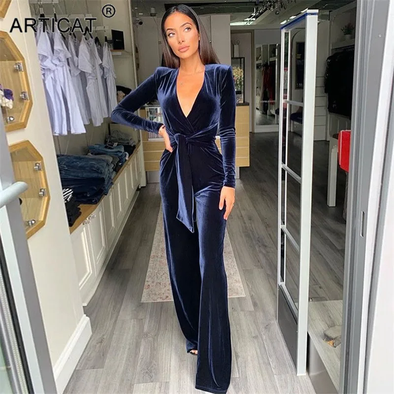 

ARTICAT New Casual Women Jumpsuit 2021 Autumn Winter Velvet High Waist Pants Sexy Deep V Slim Female One Piece Jumpsuit