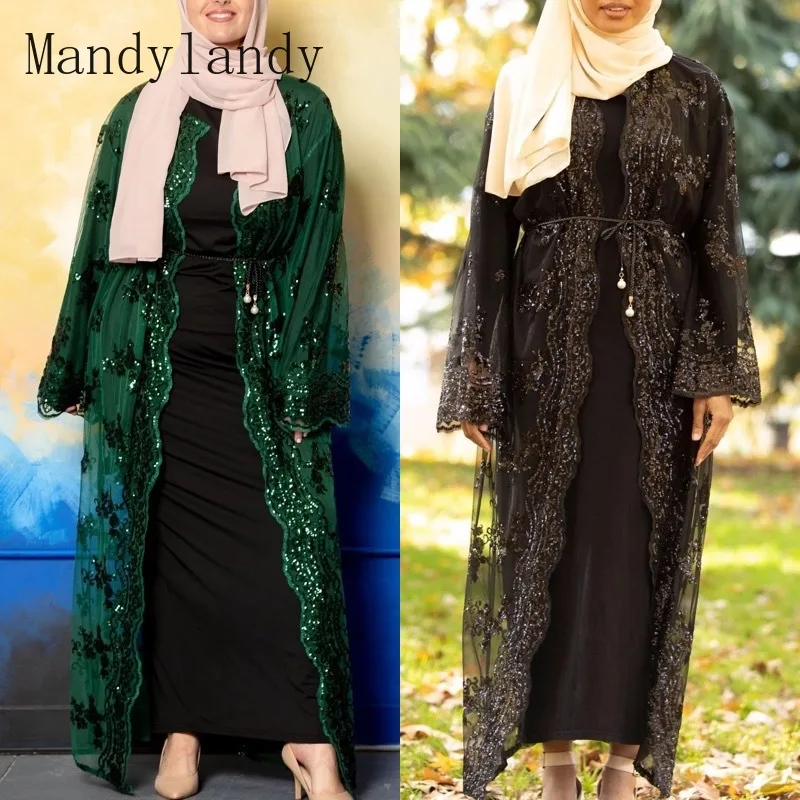 

Mandylandy Дубай мусульманская абайя кружевная Женская одежда с длинным рукавом мусульманский Djellaba ушанский мусульманский костюм кафтан плать...