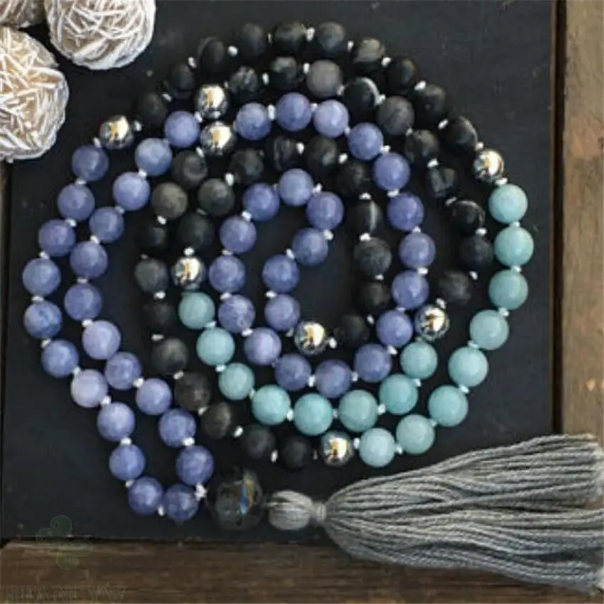 

8MM Spectrolite Amethyst Gemstone Tassel Mala necklace108 pray Handmade Fancy MONK Chakas Unisex Gemstone energy Wristband Hot