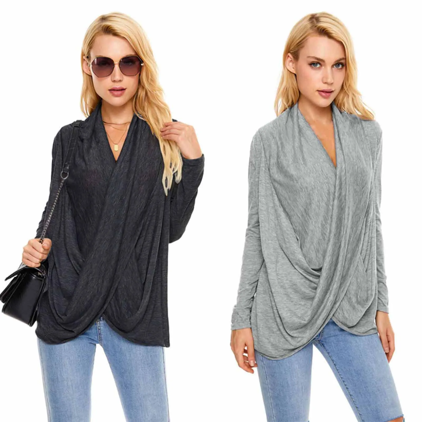 

Весенне-зимняя Европейская и американская мода, модный тренд, Повседневная Свободная темпераментная однотонная Асимметричная футболка с в...