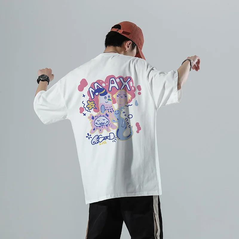

Мужская летняя футболка, дышащая футболка из 100% хлопка, с мультяшным принтом, размера плюс, уличная футболка в стиле Харадзюку, хип-хоп, S-5XL
