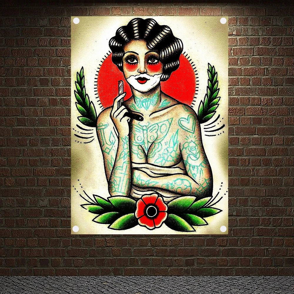 

Girl shaving beard Vintage Tattoo Banners Wall Art Retro Posters Canvas Painting Flag Sticker Tapestry Barber Shop Home Decor