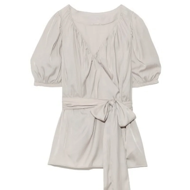 

New Summer Chic Blusa Mujer Japan Style Office Wear Elegant Solid Blouse Cross V-neck Bow Tie Slim Waist Short Sleeve Shirt