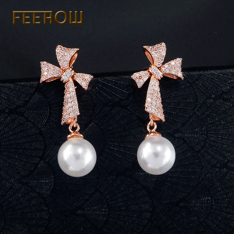 Женские серьги с бантом FEEHOW серьги-подвески цвета розового золота 585 пробы