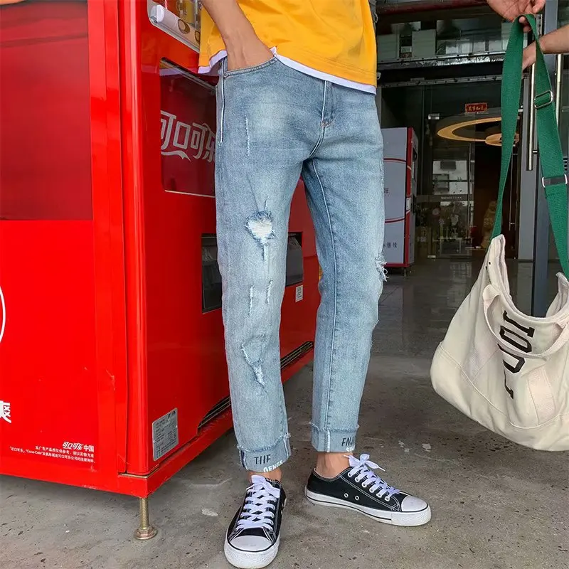 

Spring Autumn 2021 Casual Hip Hop Ripped Hole Men's New Jeans Cropped pants men's Korean Slim Feet Stretch Men's Pencil pants