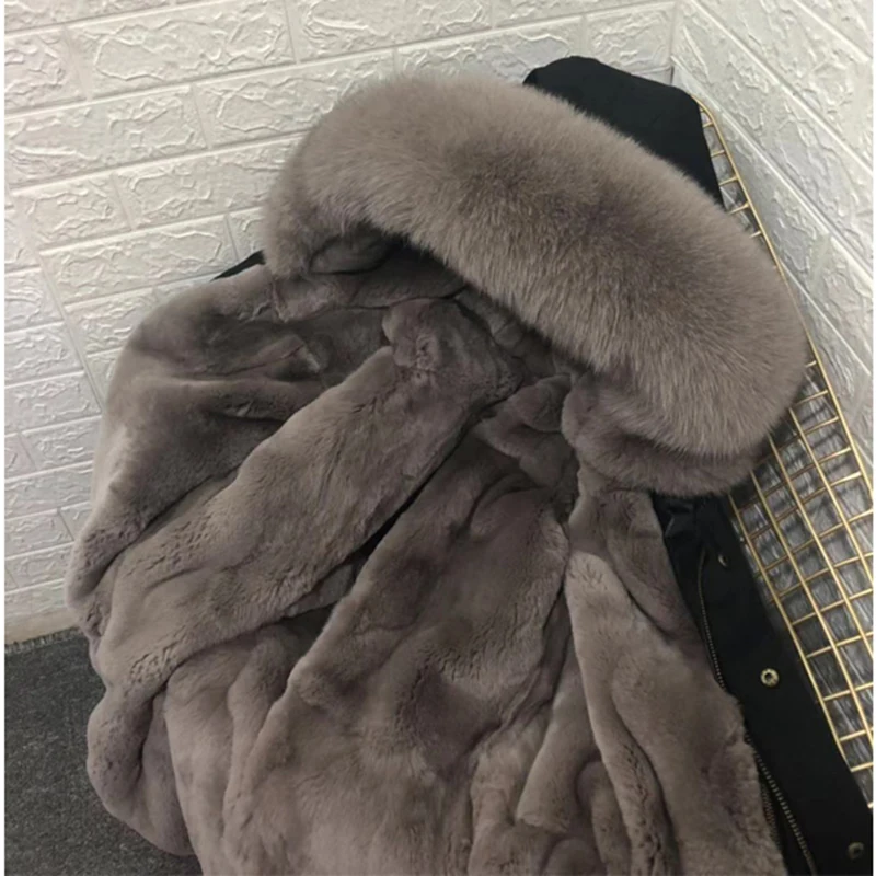 black coat Зимняя мужская мода, воротник из лисьего меха, подкладка из меха кролика, средняя длина, парная дизайнерская парка, одежда с капюшоном - Цвет: black coat