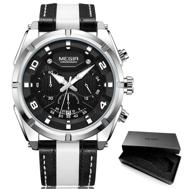 M2076-White-Black Люксовые часы от бренда MEGIR, модные мужские кварцевые часы с хронографом наручные часы, с кожаным ремешком, светящиеся стрелки 24-часовой спортивные аналоговые наручные часы для мужчин 2076 белый - Цвет: M2076-White-Black
