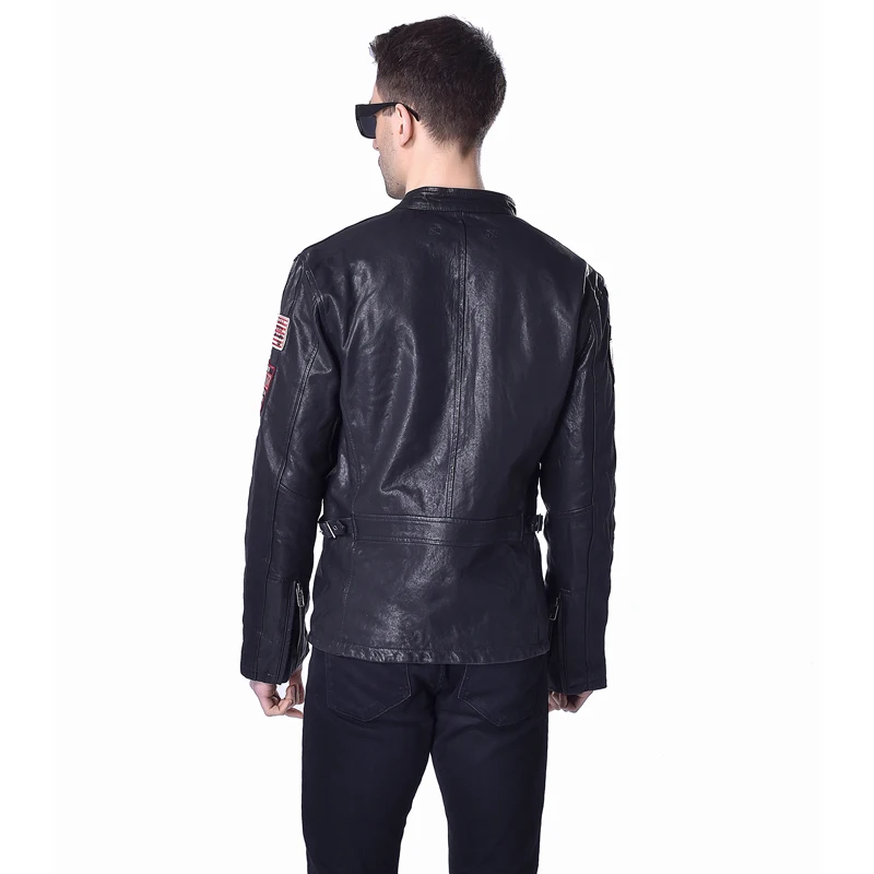

Men's Genuine Leather Jacket Men Leather Coat Yellow Black Patches 100% Tanned Goatskin Flight Jacket Pilot M160