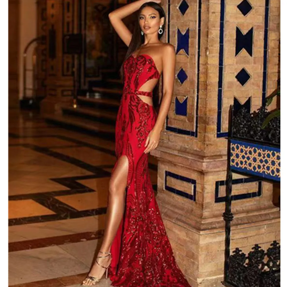 Women Luxury Evening Party Dress Strapless Sequined High Split Maxi Dresses Cocktail Celebrity Singer Performance Costume Stage