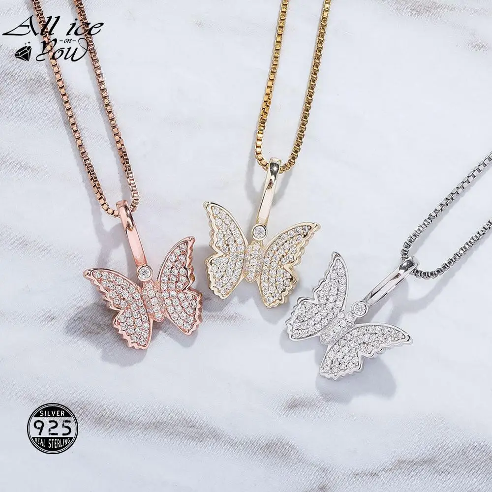 

ALLICEONYOU 925 Sterling Silver High Quality Iced Out Cubic Zircon Fashion Butterfly Pendant Hip Hop Fashion Jewelry Women Gift