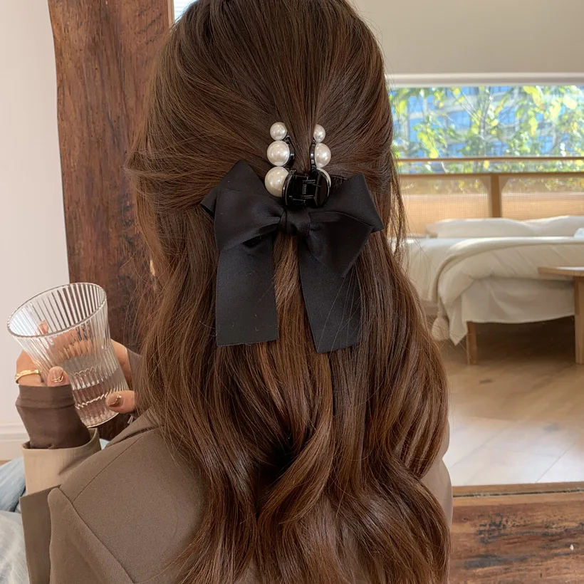 

Pearl Double BowKnot Crab Hair Claws Clips Solid Color Silk Hairpins For Women Girls Retro Sweet Barrettes Hair Accessories 2021