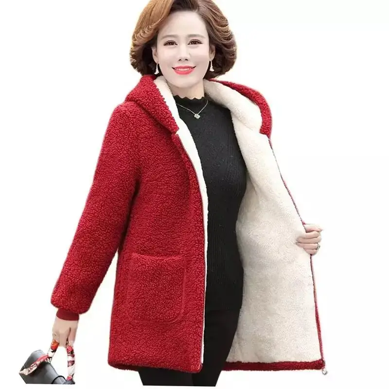 Winter Women Jacket 2023 New Lambswool Plus Velvet Cotton Coat Female Overcoat Hooded Warm Lady Outerwear Mother Clothes 4XL 5XL