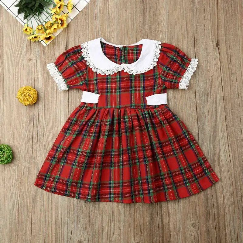 Christmas Kids Baby Girls Clothes Sister Matching Plaid Romper Dress Outfits |