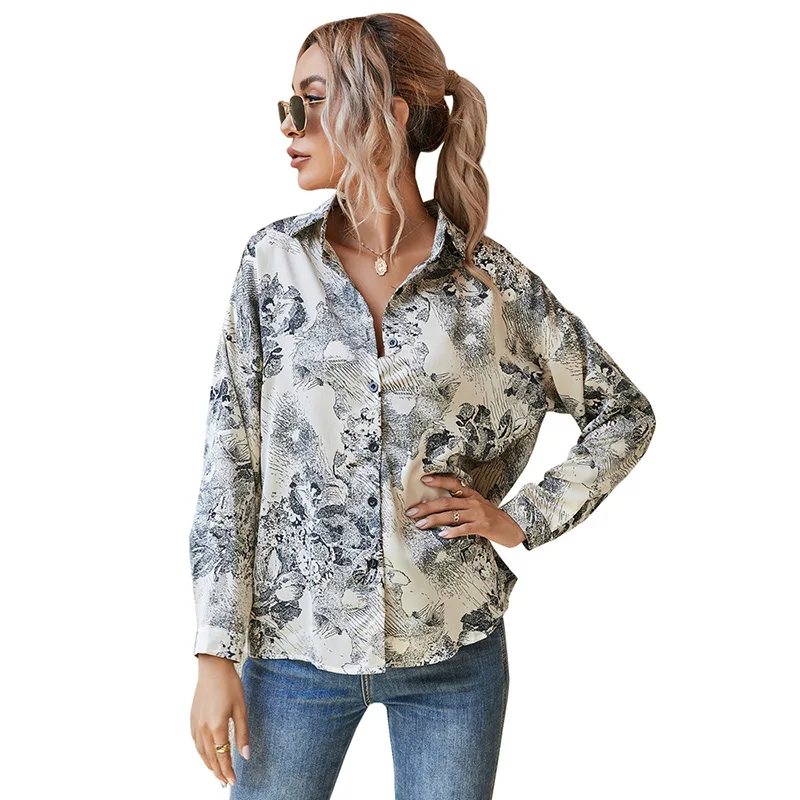 

Summer Print Blouse Women Casual Fashion Turn-down Collar Long Sleeve Elegant Office Ladies Shirts Plus Size Tops And Blouses