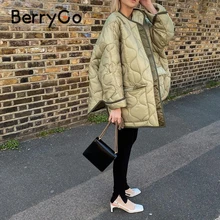 BerryGo 2021 Winter green short parka women Casual long sleeves collarless coats female Thick pocket warm jacket female tops