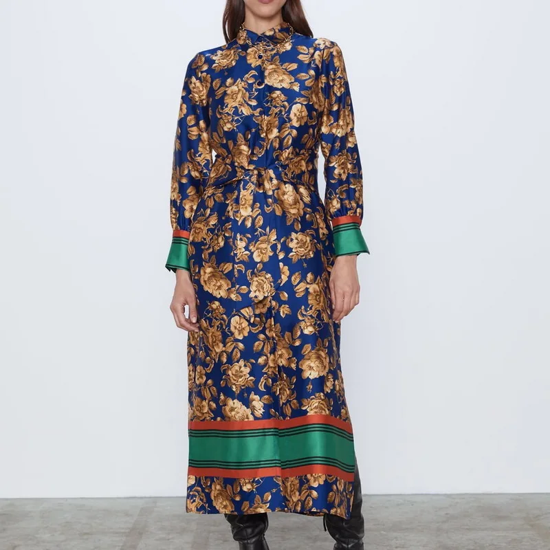 Женские длинные платья с длинным рукавом Весна 2020 Новая мода Стильные цветочные