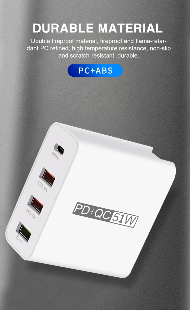 

Universal 51W PD QC 3.0 4.0 USB Adapter Wall Quick Charger For IPhone Samsug Huawei 4 Specifications Mobile Phone Fast Charging