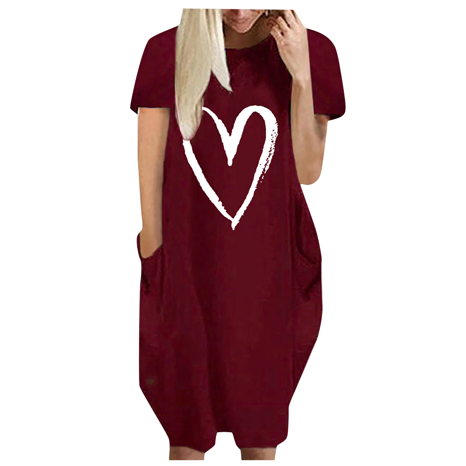 

Fashion Women Loose Love Print O-Neck Pockets Casual Short Sleeves Dress 2021