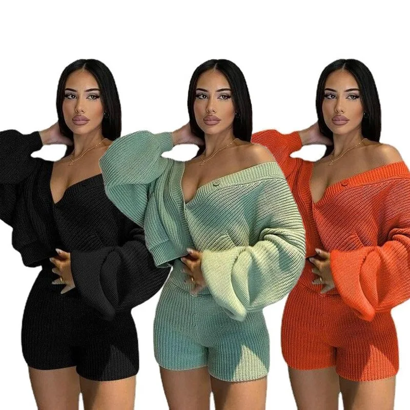 

Autumn 2021 Casual Women Sweater Sets Full Sleeves Single Breasted Tops Casual Lady Short Pants Soft And Warm Solid Outfits