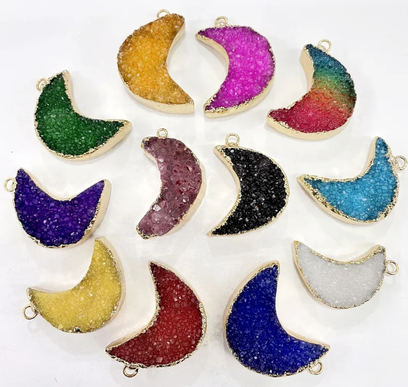 

2022 New Natural Gem Stone Quartz Crystal Geode Druzy Moon Pendant Charms For DIY Jewelry Making Necklaces Accessories 6Pcs