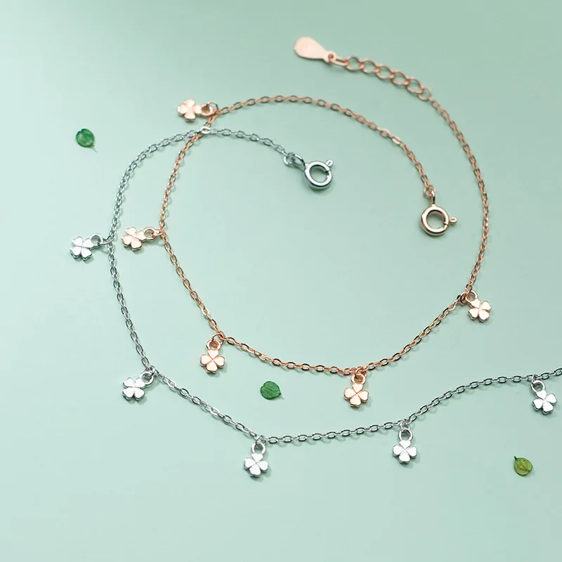 

925 Yotsunoha Four Leaf Clover Anklets For Women Sterling Silver Thin Foot Chain Flower Beach Jewelry 2021 Gift Rose Gold Color