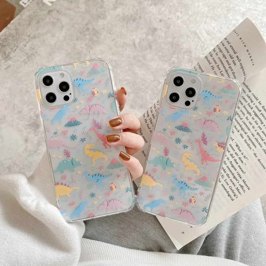 

Colorful Cartoon Animal Dinosaurs Phone Case For iPhone 11 Pro Max X XS XR 7 8 plus 12 Mini Transparent Soft Shockproof Cover