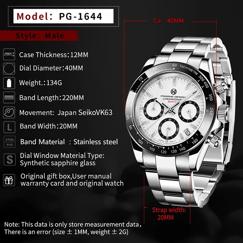 

PAGRNE DESIGN Men's Quartz Watch Stainless Steel Chronograph VK63 Movement Luxury Sapphire Glass Waterproof Sports Wrist Watches