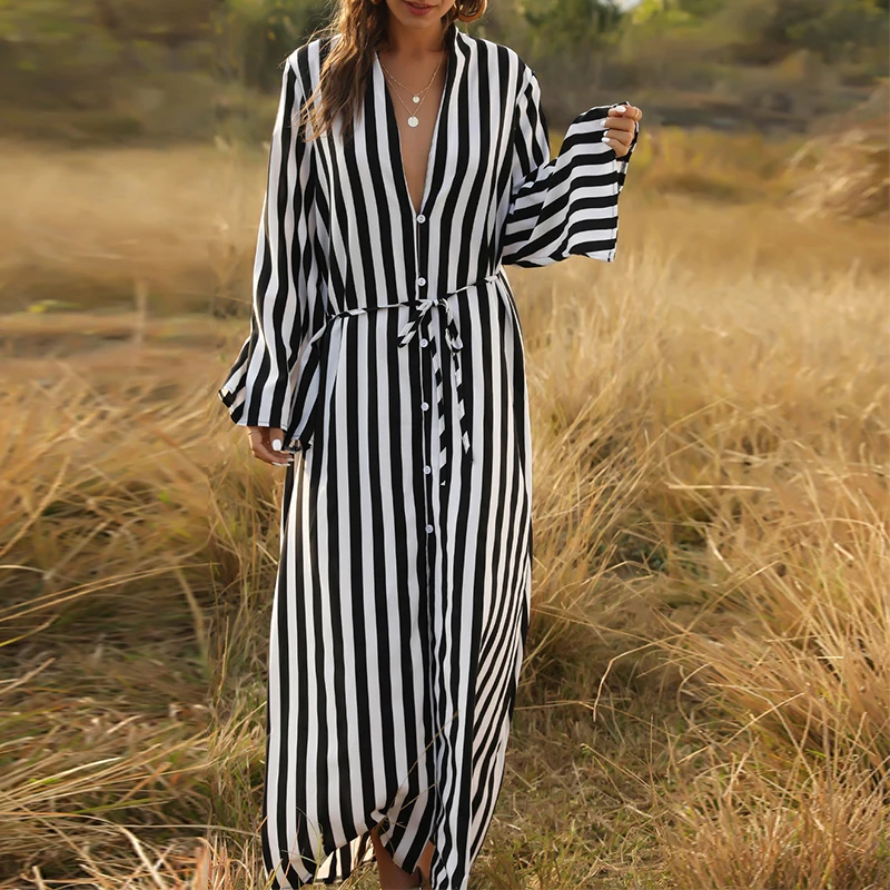 Длинный полосатый купальник In-X накидки на пуговицах Пляжное Платье женский