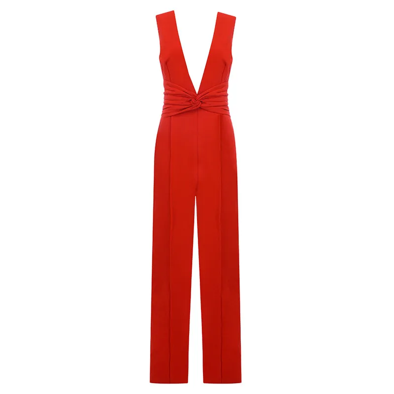 Красный сексуальный v-образный вырез без рукавов Комбинезоны однотонные женские