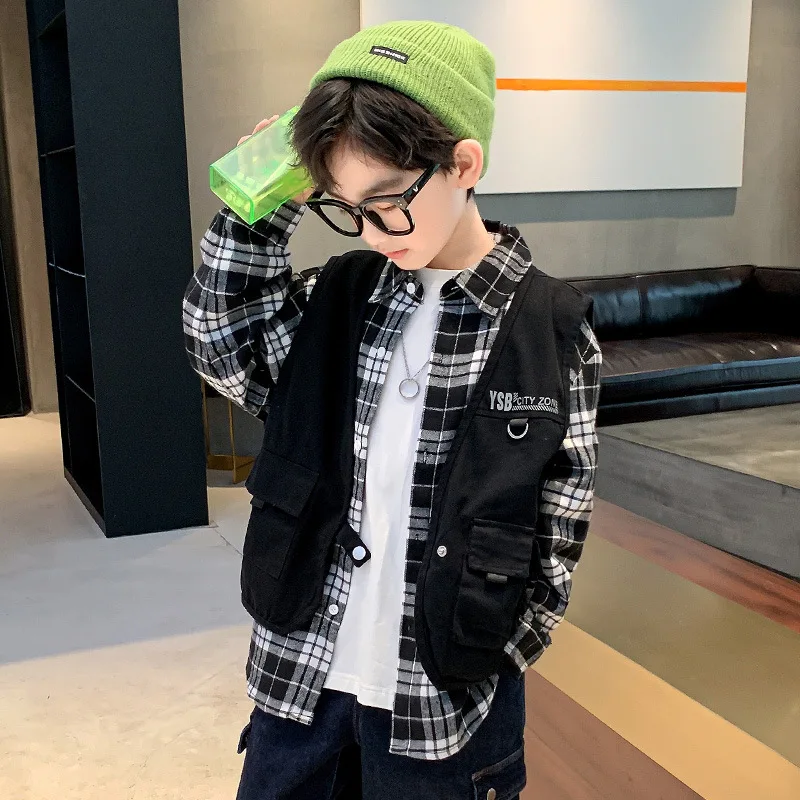 

Boys Clothing Kids Long Sleeve Plaid Shirt+Black Vest Spring Autumn 2021 New Children Shirt Waistcoat Two-piece Kids Clothes