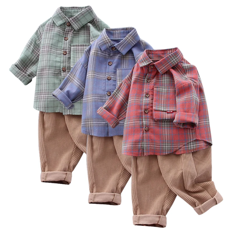 2Pcs/set Baby Boy Summer Cotton Long Sleeve Three-Dimensional Pocket Plaid Pattern Shirt + Corduroy Trousers Casual Set |