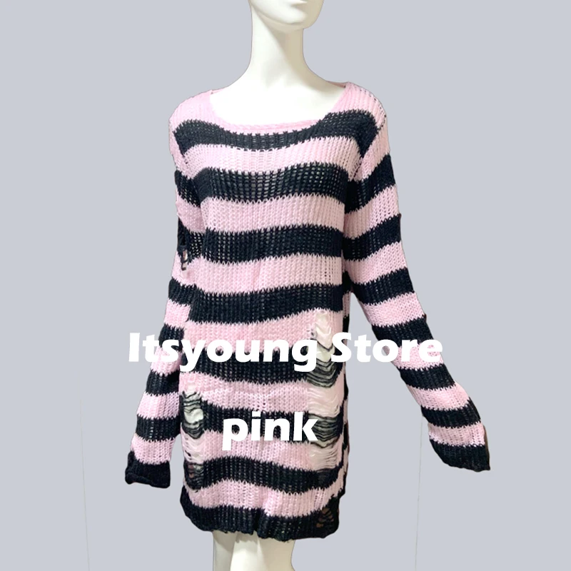 Женский полосатый длинный свитер готический модный хипстерский с разрезом и