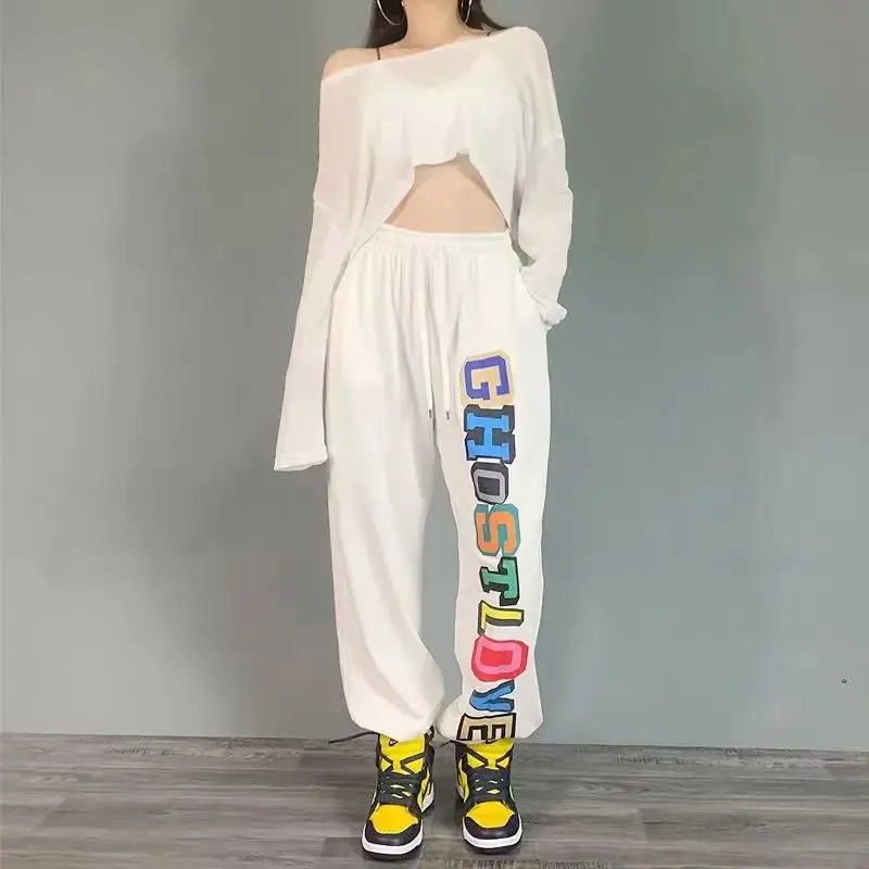 

MINGLIUSILI Hip Hop sweatpants women summer 2021 fashion Street dance joggers women Letter print loose Casual White pants