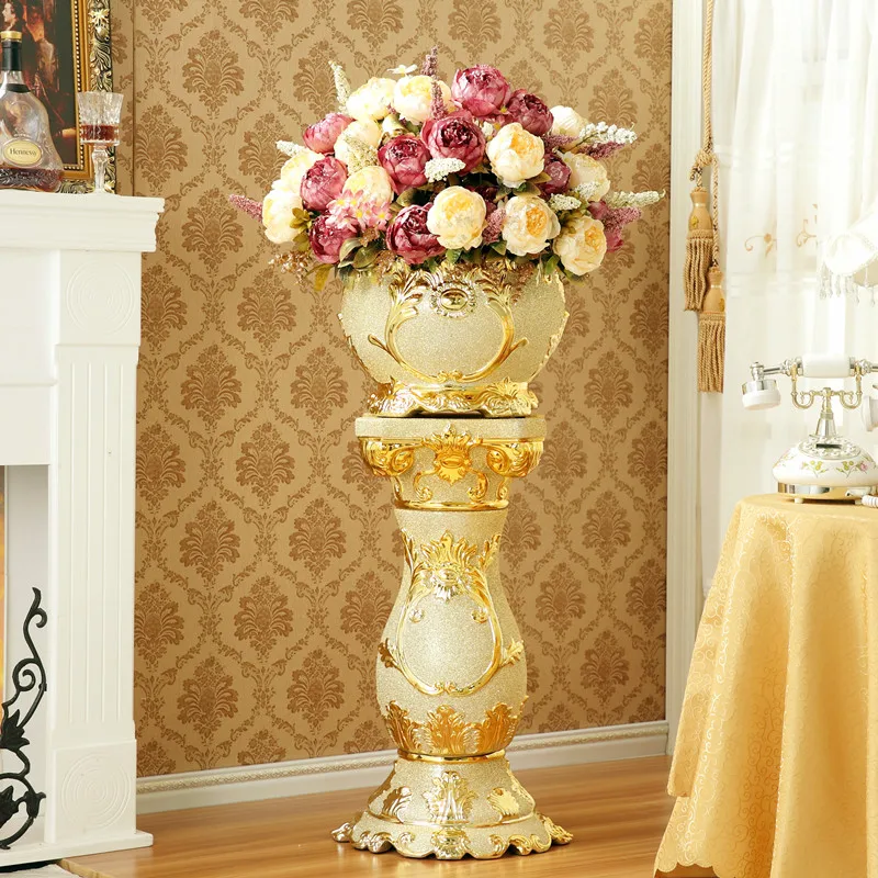 

GY European-Style Roman Pillar Living Room Decoration High-Grade Ceramic Gold Floor Vase Large Entrance Decoration Creative