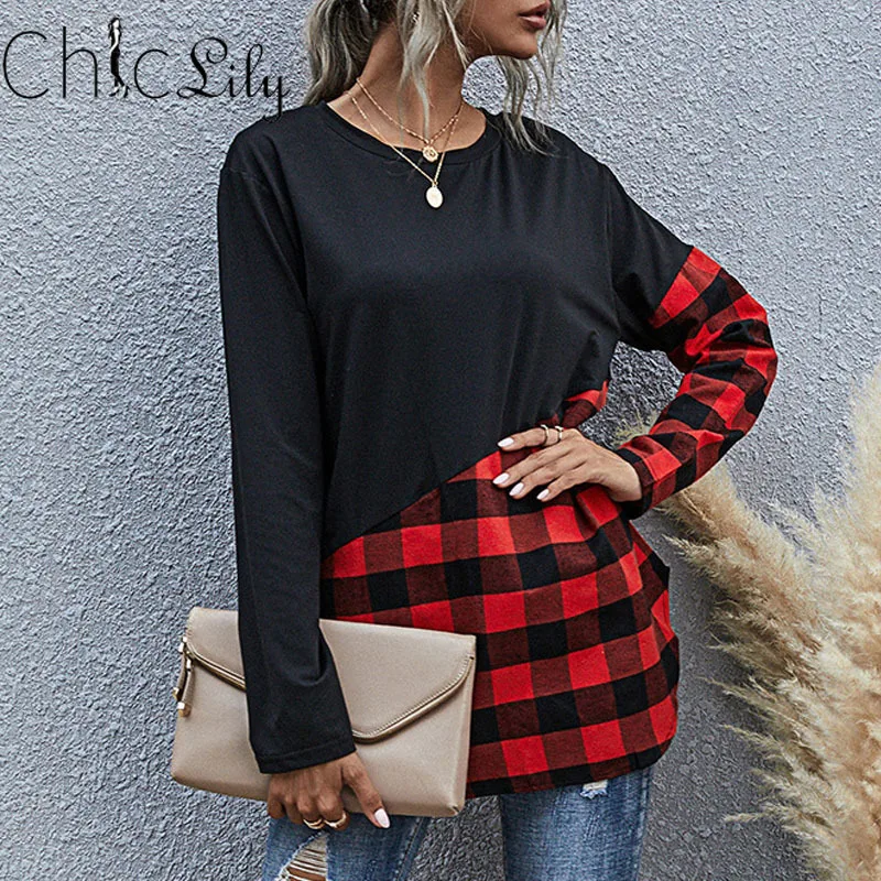 

Chiclily Plaid Casual Long Sleeve Patchwork T-shirt Round Neck Femme Loose Tshirt Tees Ladies Top