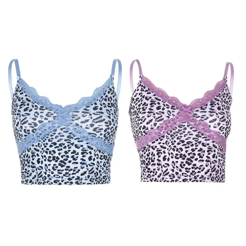 

2021 Women Spaghetti Strap Slim Crop Top Sexy V-Neck Leopard Print Backless Camisole Cross Lace Trim Patchwork Bow Sling Vest