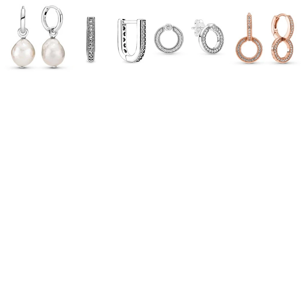 

NEW Popular 100% 925 Sterling Silver Irregular Pearl Double Diamond Rose Circle U-shaped Earrings Charm Female Decoration Gift