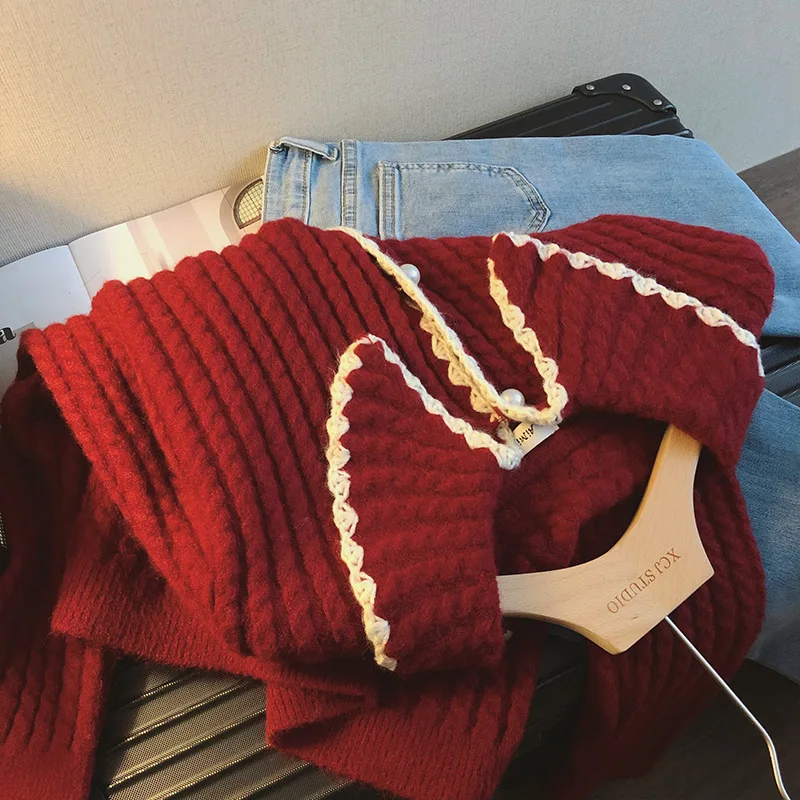 

Vintage Sweater jacket female cardigans Autumn 2021 doll collar Christmas Red cardigan soft warm knitted top women sweater coat