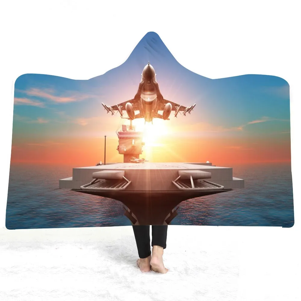 

Plush Hooded Blanket Plane Spacecraft Print Sherpa Fleece Blankets Adults Wearable Blanket Sky Space Dream Winter Sofa Bed Cover