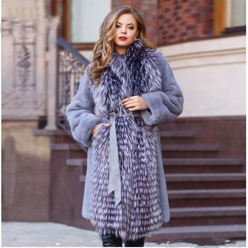 

Women Natural Mink Fur Coat Long 2021 New Trendy Full Pelt Mink Fur Coats with Silver Fox Fur Long Collar Genuine Fur Overcoat