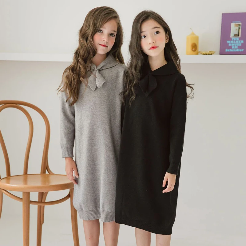 

Brief Solid Knit Sweater Dress Girls Winter Warm Basic Clothes With Bow Tie Straight Loose Casual Dresses Preppy Style Vestidos
