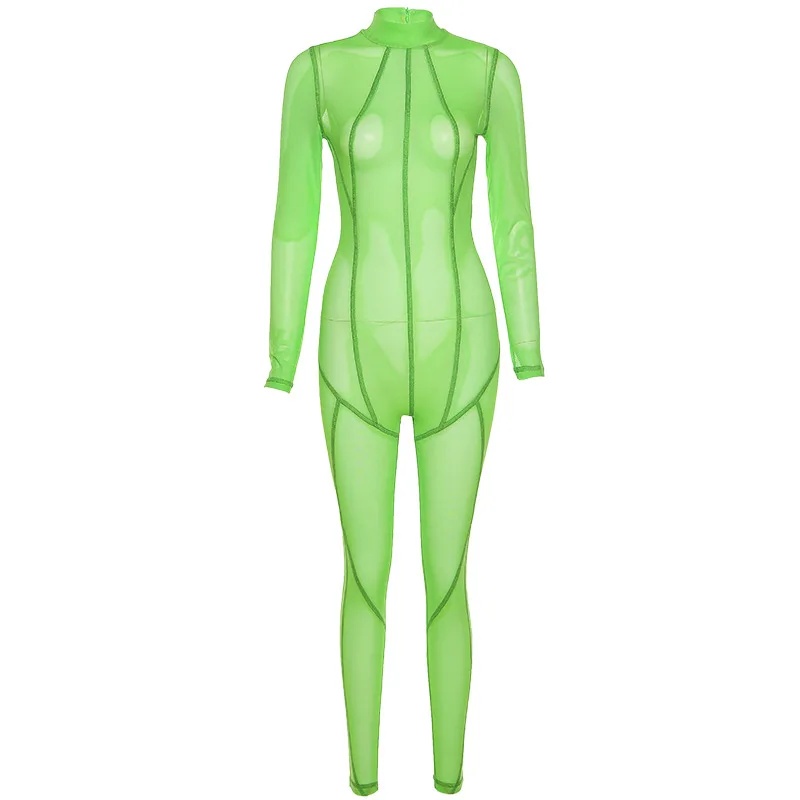 

Black Zipper Long Sleeve Jumpsuit Women Sexy Mesh See Through Bodycon Rompers Femme One Piece Sport Fitness Overalls 2021