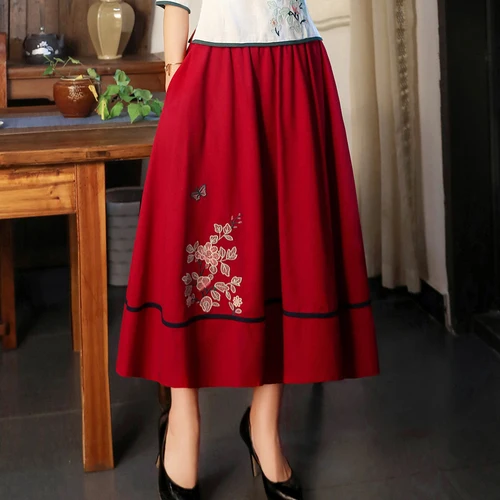 Модные свободные повседневные короткие юбки с карманами вышивка хлопок лен юбка