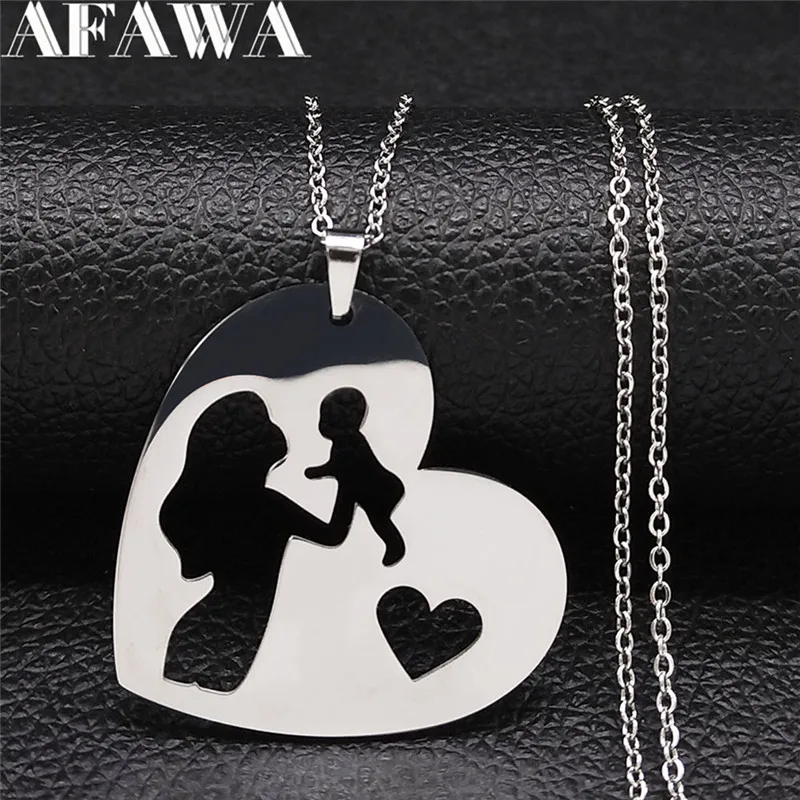 

2021 Family Love Heart Baby Mum Stainless Steel Silver Color Chain Necklaces Women Jewelry collier acier inoxydable NXS01