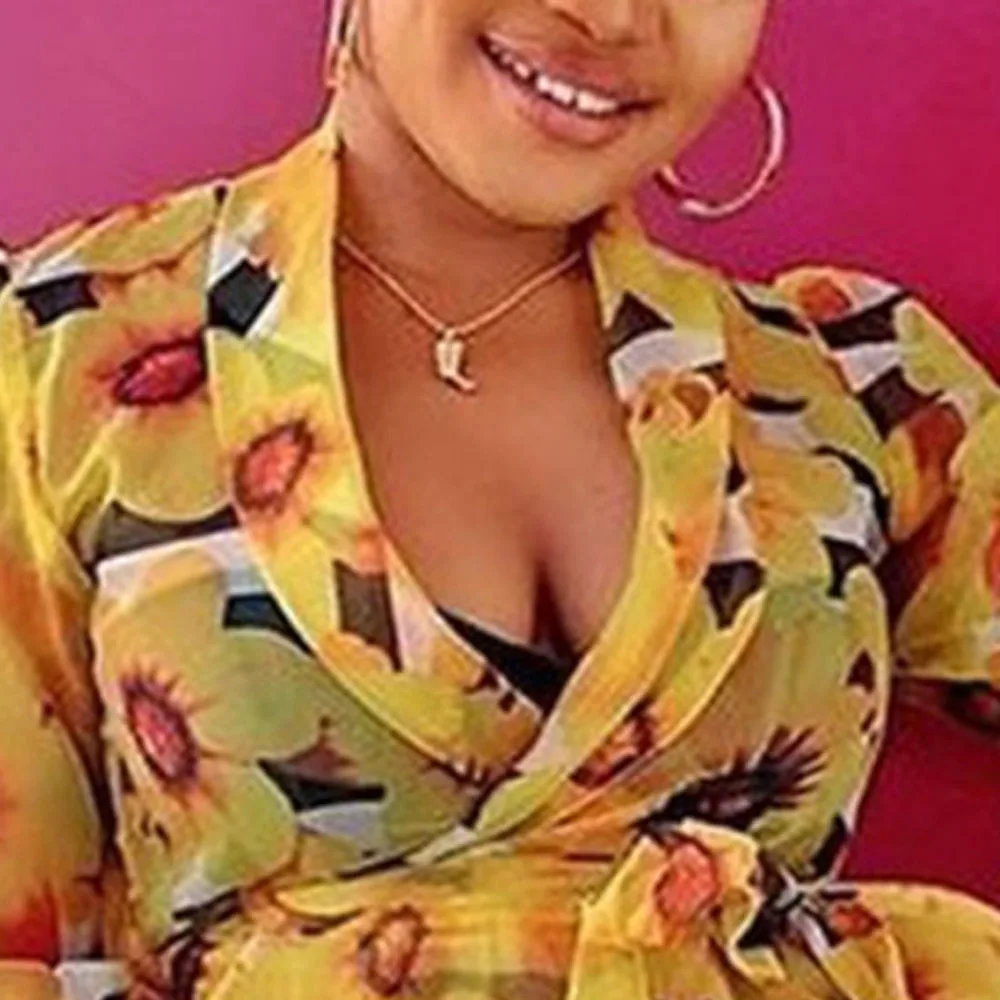 Винтажная модная женская блузка с желтым цветочным принтом пышный Топ длинным